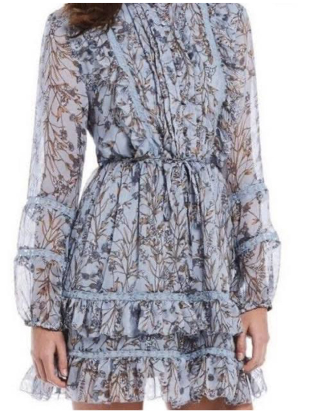 Chelsea & Violet Blouson Prairie Dress, Size Medium Blue and Brown Ruffles